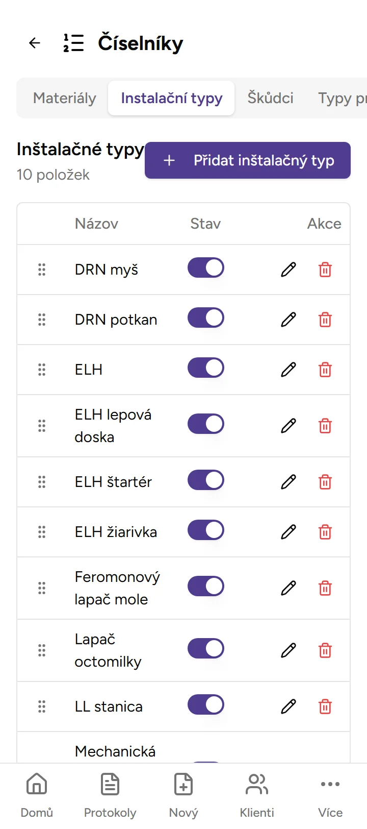 Číselník instalačních typů - Mobile