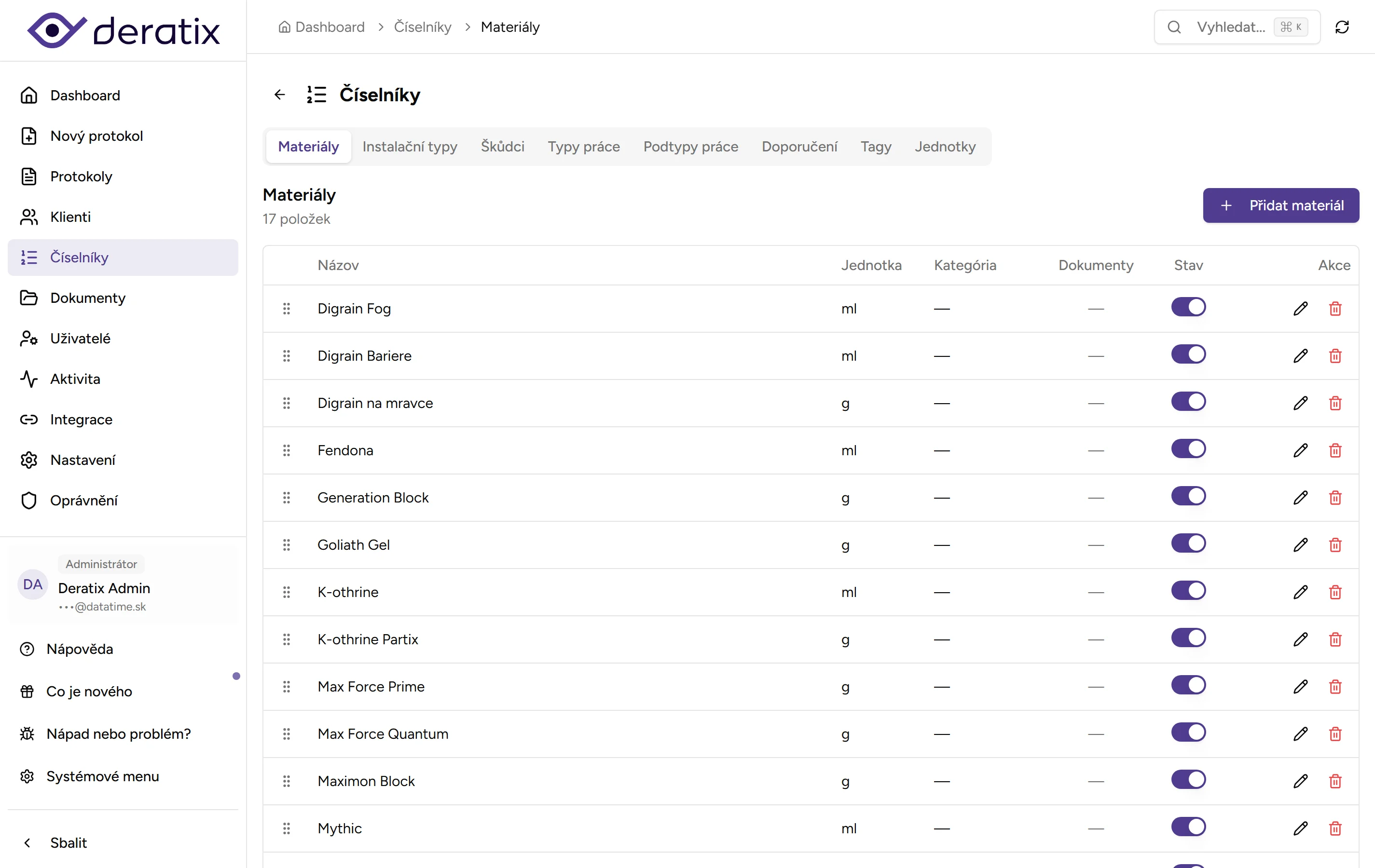 Číselník materiálů - Desktop