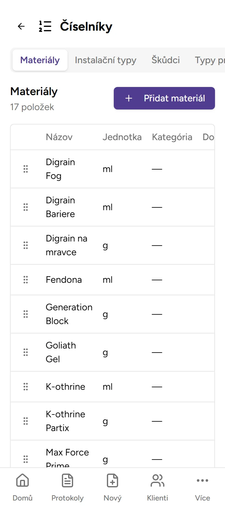 Číselník materiálů - Mobile