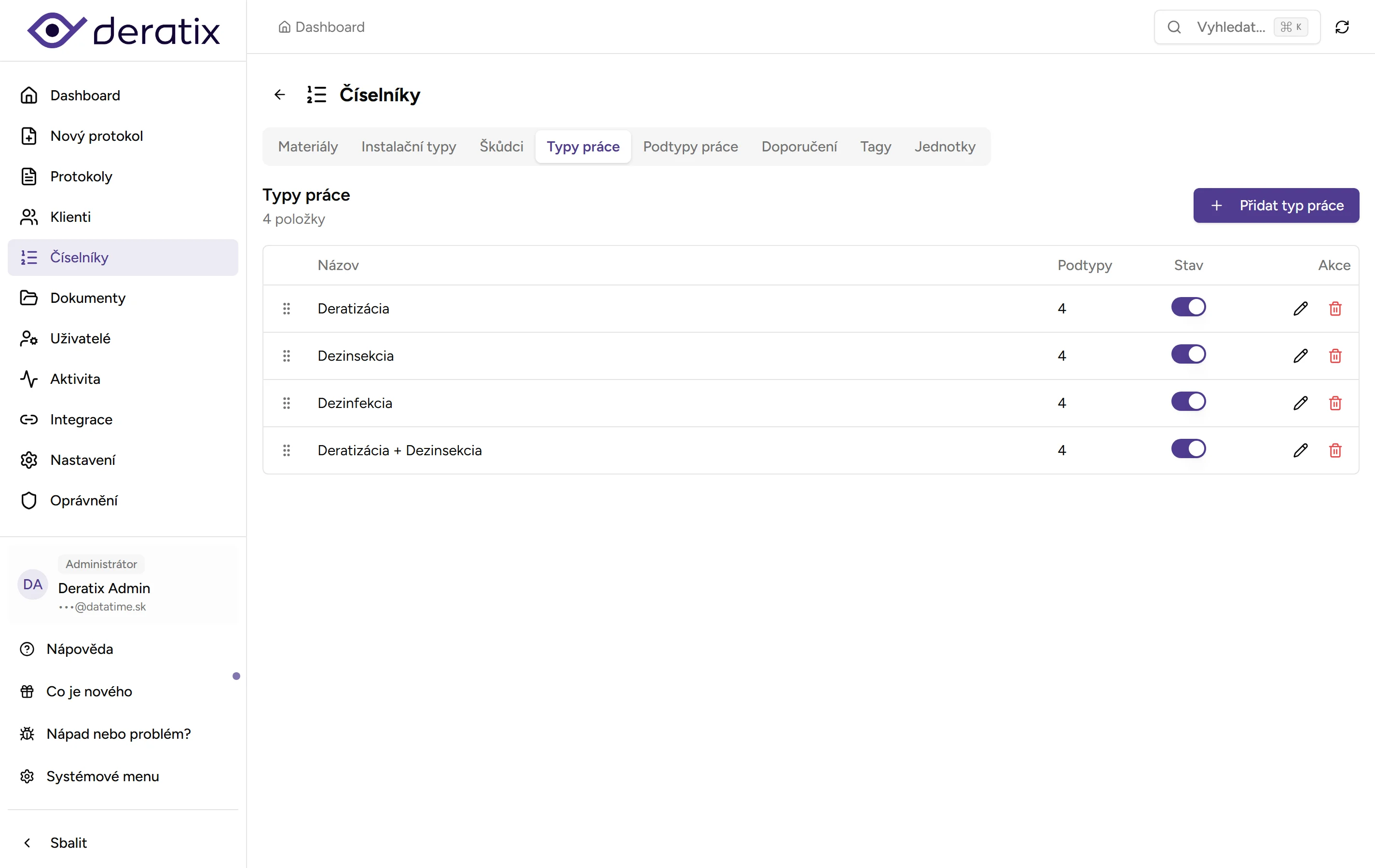 Číselník typů práce - Desktop