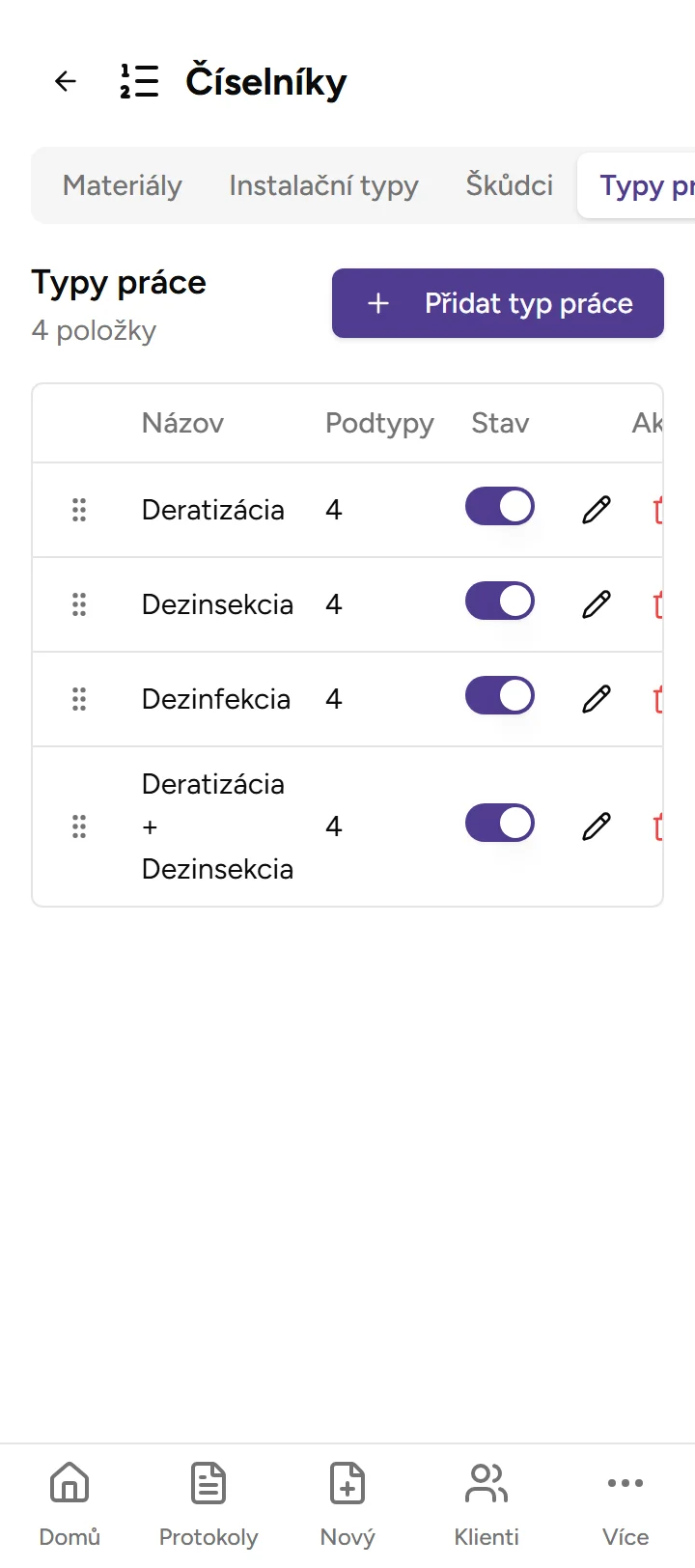 Číselník typů práce - Mobile