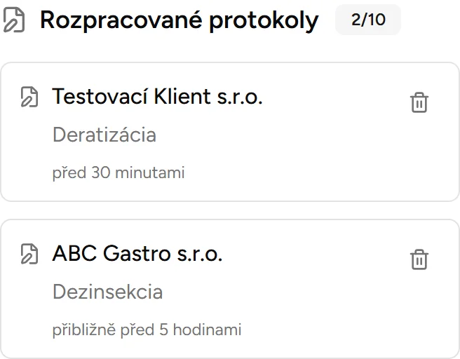 Rozpracované protokoly na dashboardu - Mobile