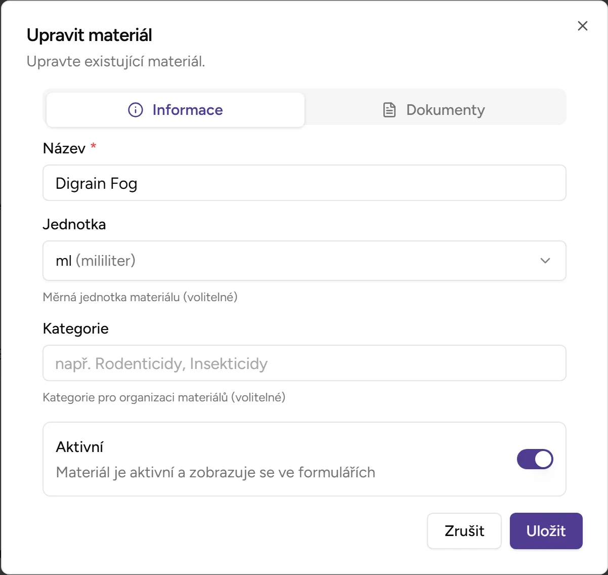 Dialog editace materiálu - Desktop