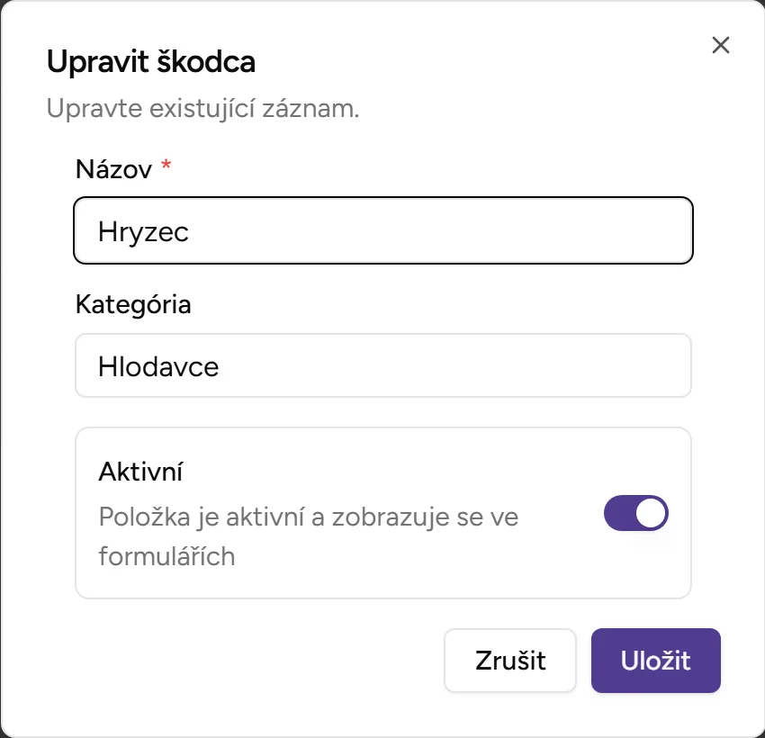 Dialog editace škůdce Dialog editace škůdce - Desktop