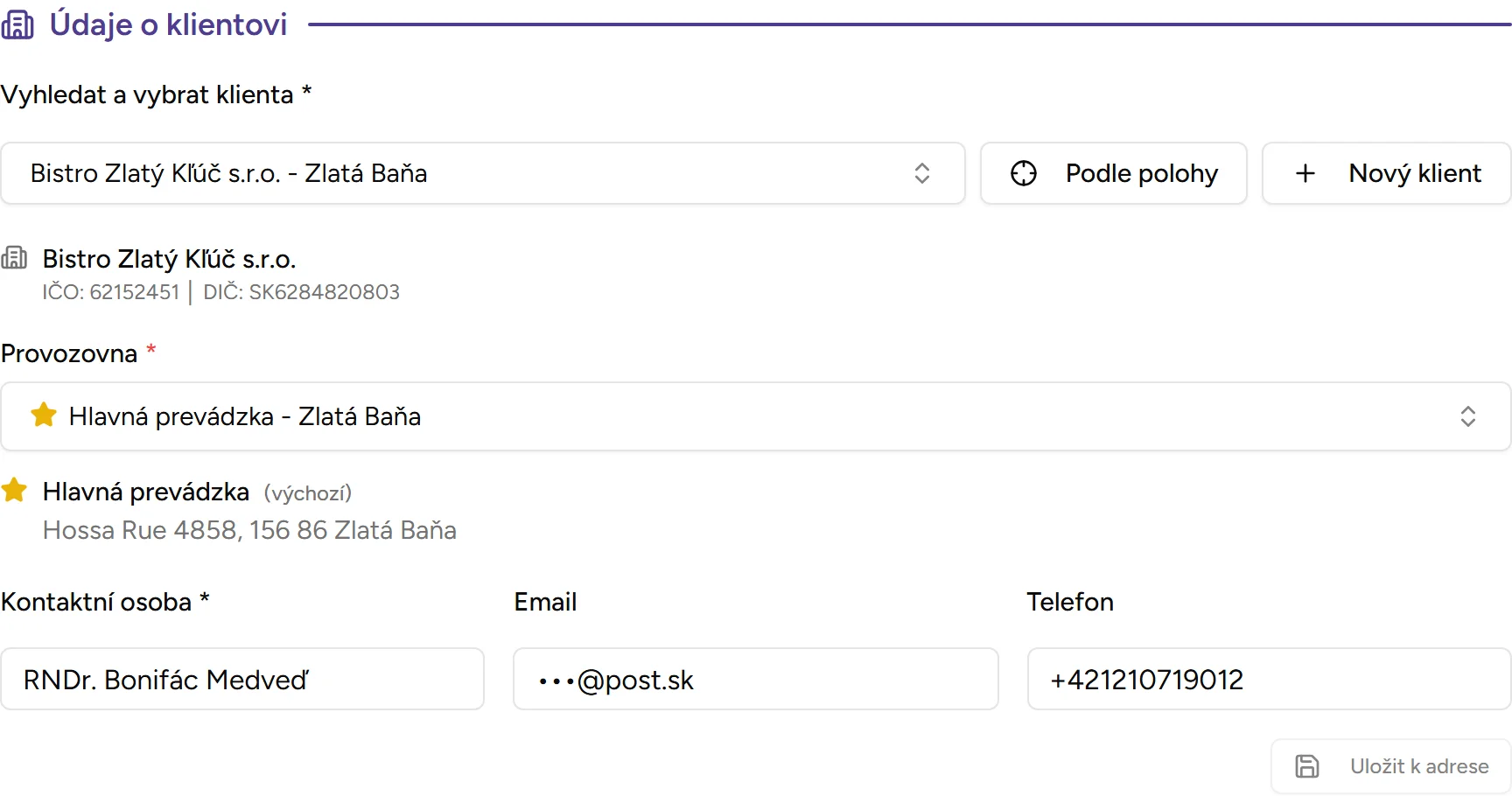 Sekce výběru klienta - Desktop