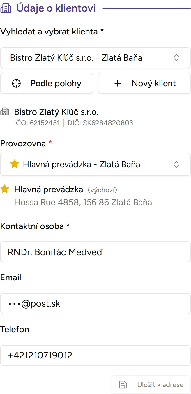 Sekce výběru klienta - Mobile