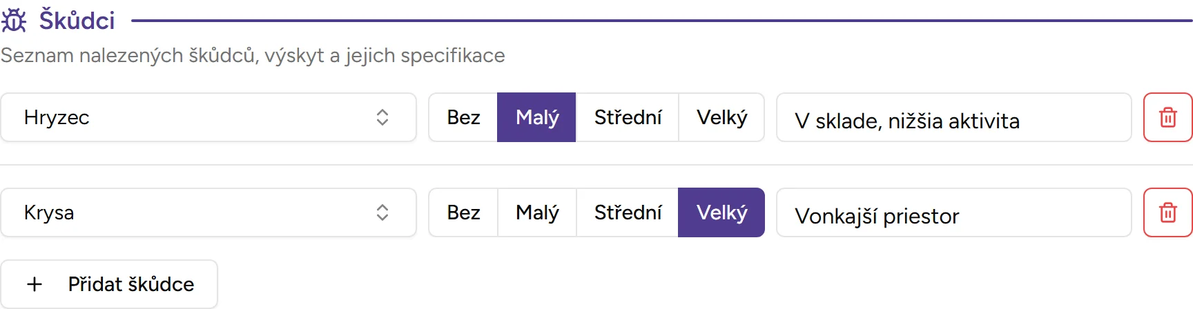 Sekce škůdců - Desktop