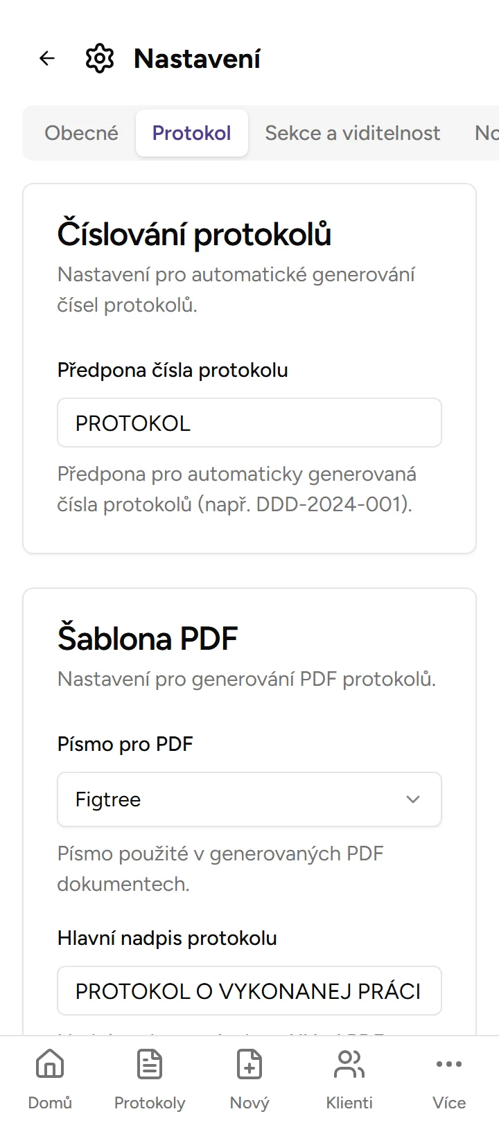 Nastavení protokolu Nastavení protokolu - Mobile